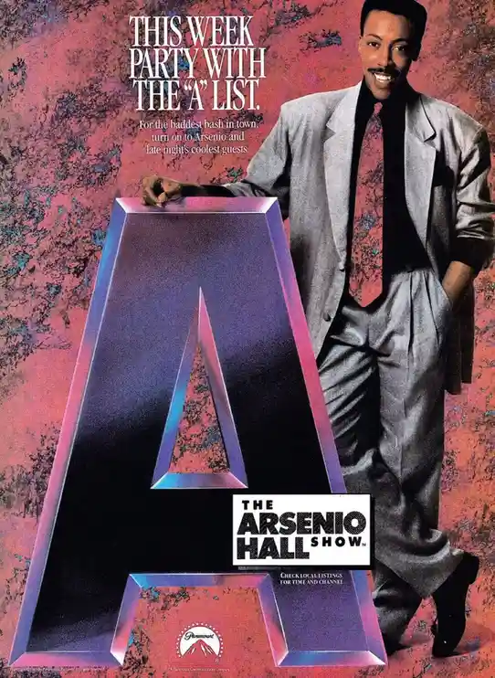 A vintage promotional poster for 'The Arsenio Hall Show' features host Arsenio Hall smiling in a silver suit next to a…