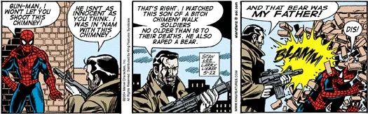 A four-panel comic strip featuring Spider-Man and a soldier. The soldier shoots at a chimney, and Spider-Man asks why. The…