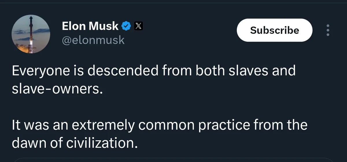 A screenshot of a social media post attributed to Elon Musk, showing his profile picture of a rocket launch, his verified…
