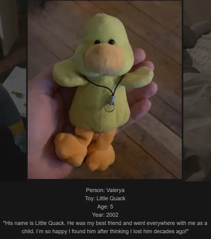 A person named Valerya holds a small, yellow plush duck toy called 'Little Quack' from 2002, which they describe as a…