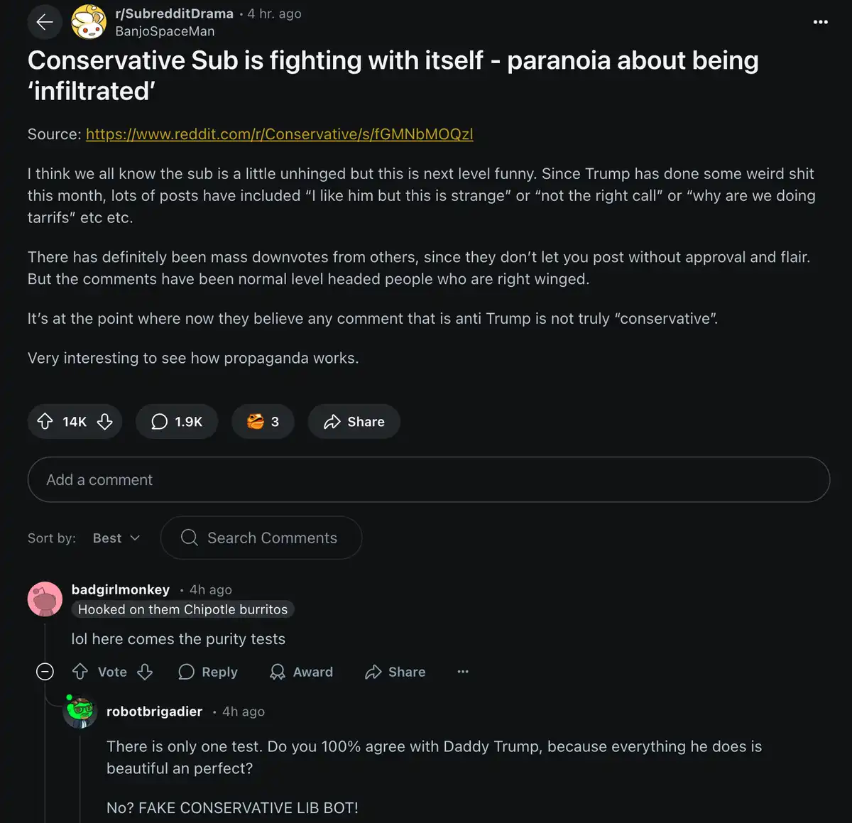 A screenshot of a Reddit post from r/SubredditDrama discussing how a conservative subreddit is internally conflicted…