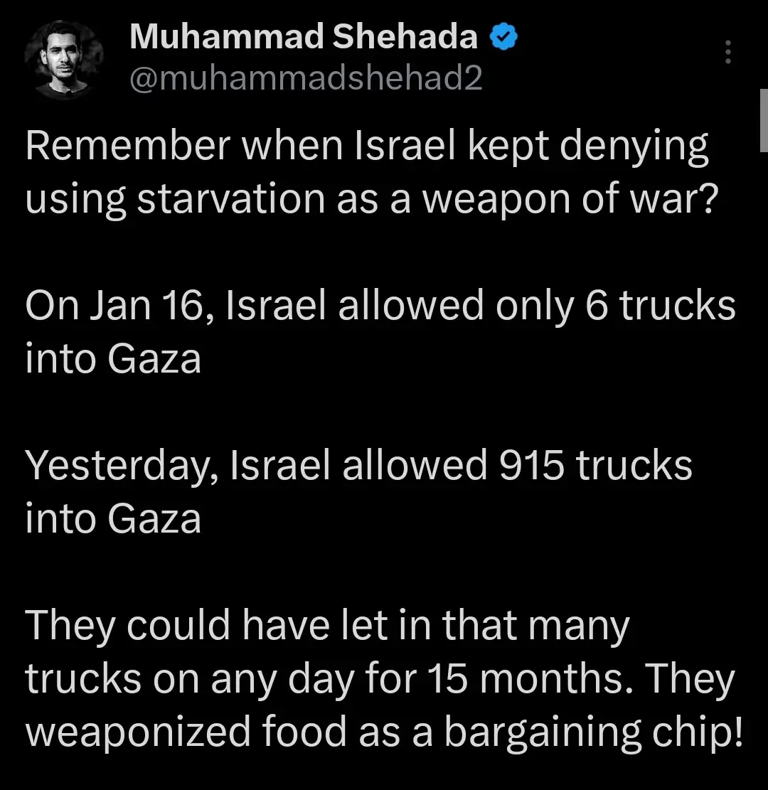 A screenshot of a tweet by Muhammad Shehada showing text that contrasts Israel's drastically different truck allowances into…