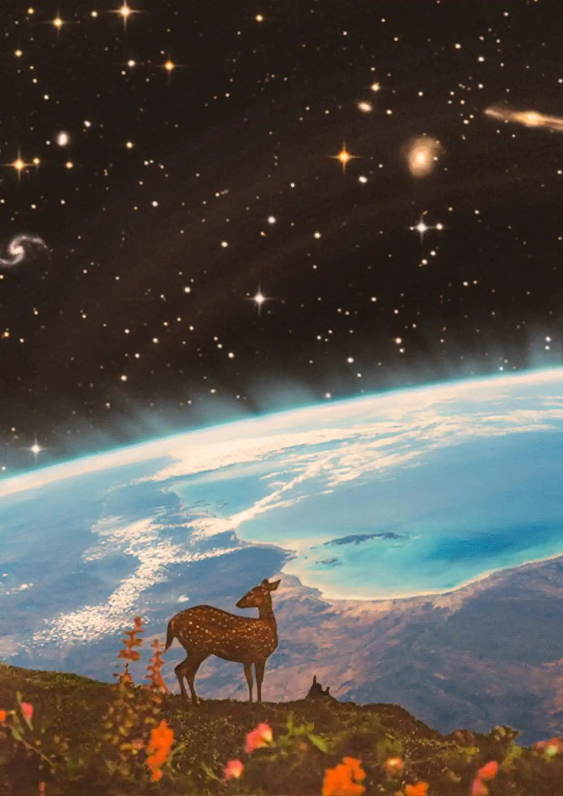 A deer stands on a hilltop overlooking a curved Earth with oceans and clouds, under a starry sky with visible galaxies. The…