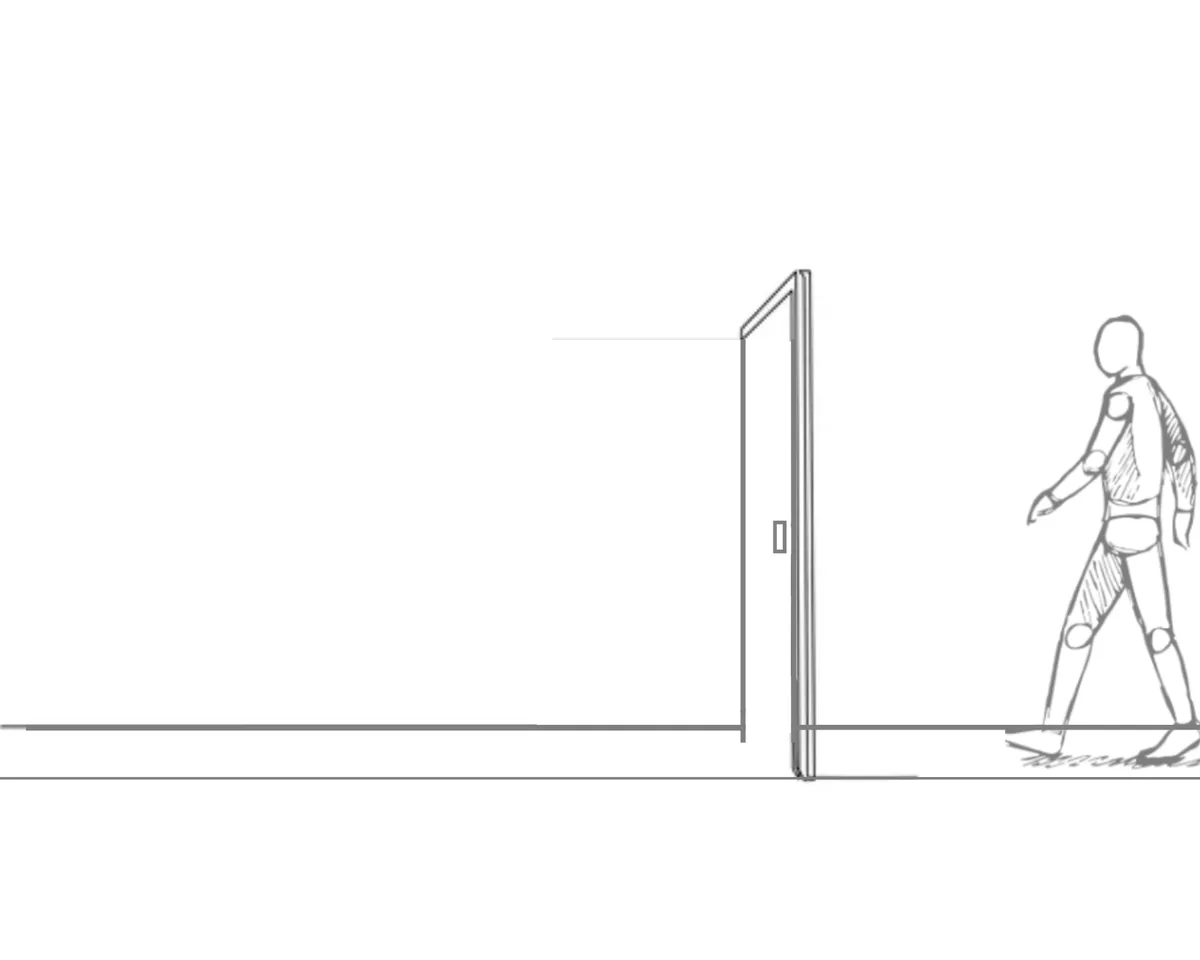 A simple black-and-white line drawing shows a person walking toward a slightly ajar door. The person is depicted in profile…
