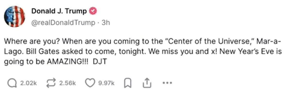 A screenshot of a tweet from Donald J. Trump's verified Twitter account, featuring his profile picture with an American flag…