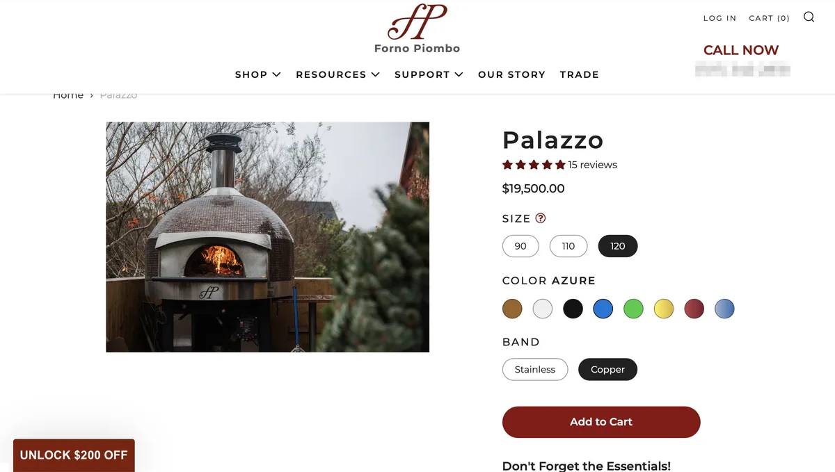 A screenshot of a Forno Piombo website product page for a 'Palazzo' pizza oven priced at $19,500.00, showing size, color…