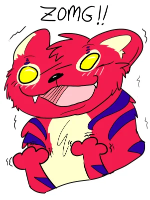 A cartoon red feline creature with yellow eyes, sharp teeth, and blue stripes is depicted with an exaggerated, wide-eyed…