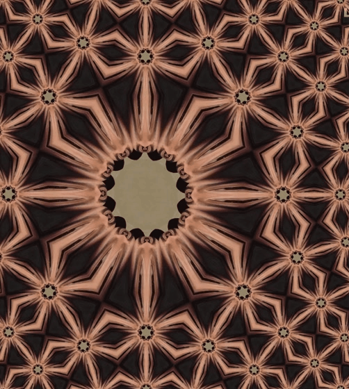Three vertically stacked panels show progressively more complex and ornate kaleidoscopic patterns with symmetrical geometric…