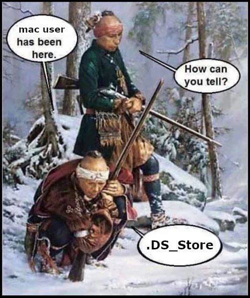 Two Native American figures in snowy woods; one standing, one crouching. Speech bubbles: 'mac user has been here.', 'How can…