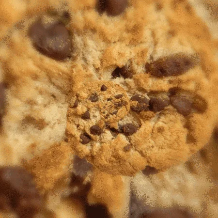 The image displays a collage of six close-up photos of chocolate chip cookies, each showing a slightly different angle or…