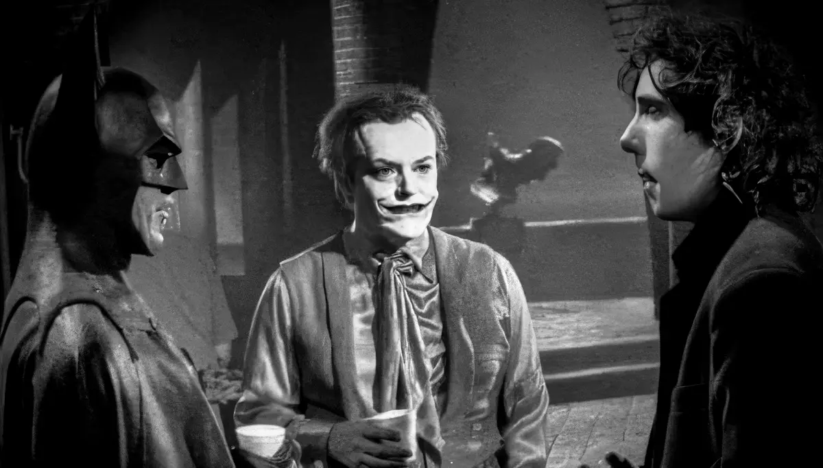 A black-and-white still from the 1989 Batman movie shows Batman, the Joker, and Robin standing together. The Joker, in his…