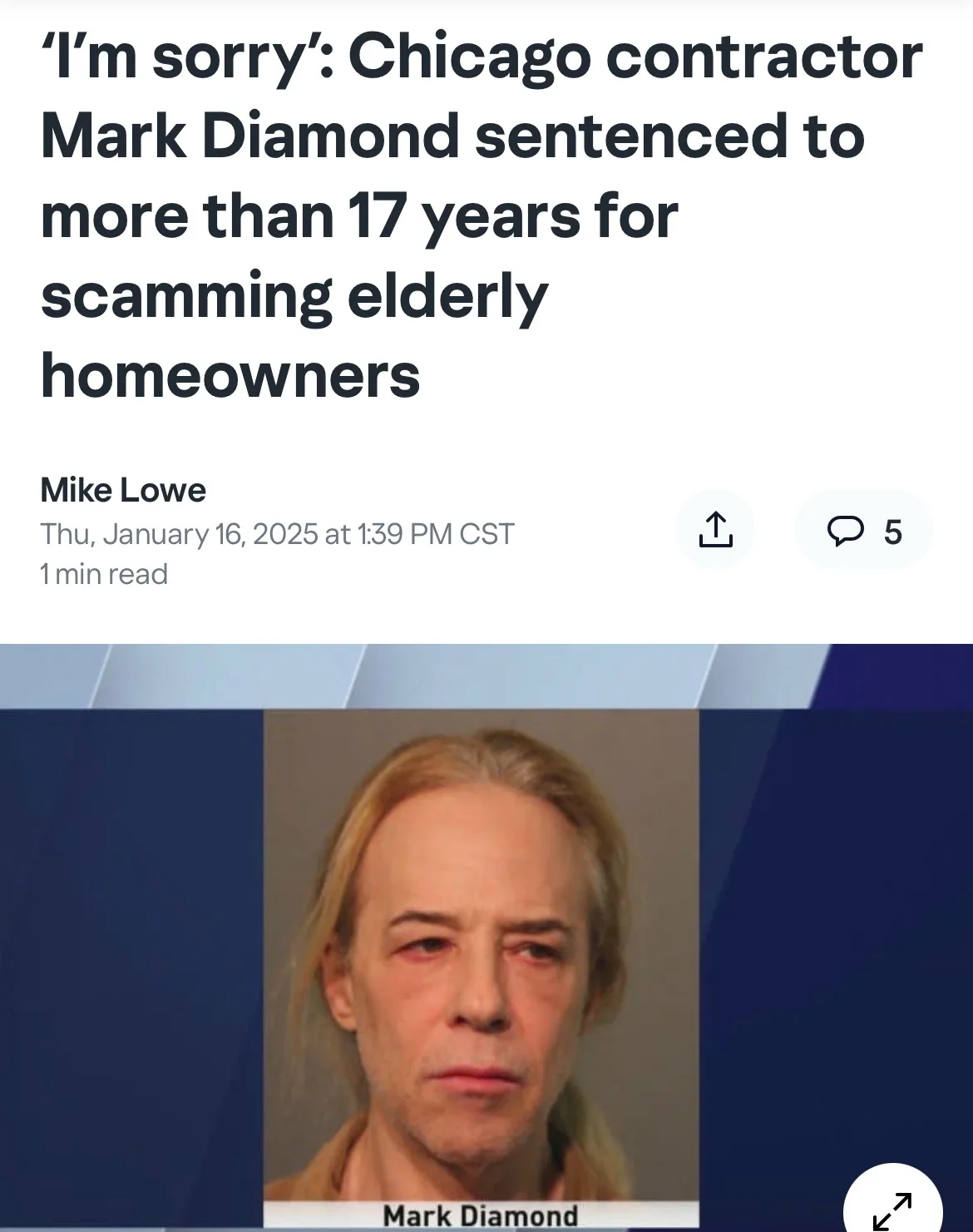 A news article screenshot shows a mugshot of Mark Diamond, a man with long blond hair and a weary expression, under a…