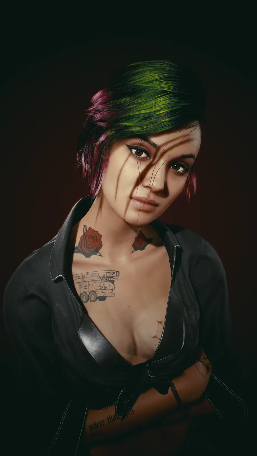 A woman with short, colorful hair (green and pink) and multiple tattoos, including two red roses on her neck and a fire…