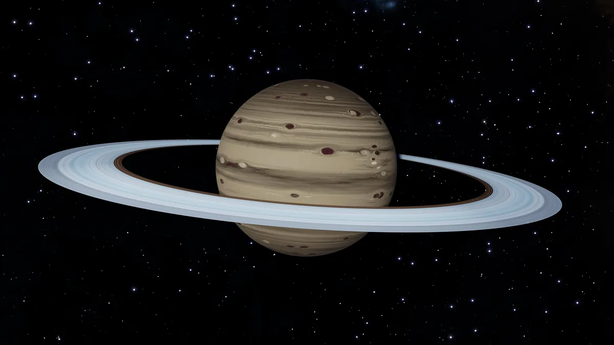 The image shows a digitally altered depiction of Jupiter, the gas giant with characteristic brown and beige swirling bands…