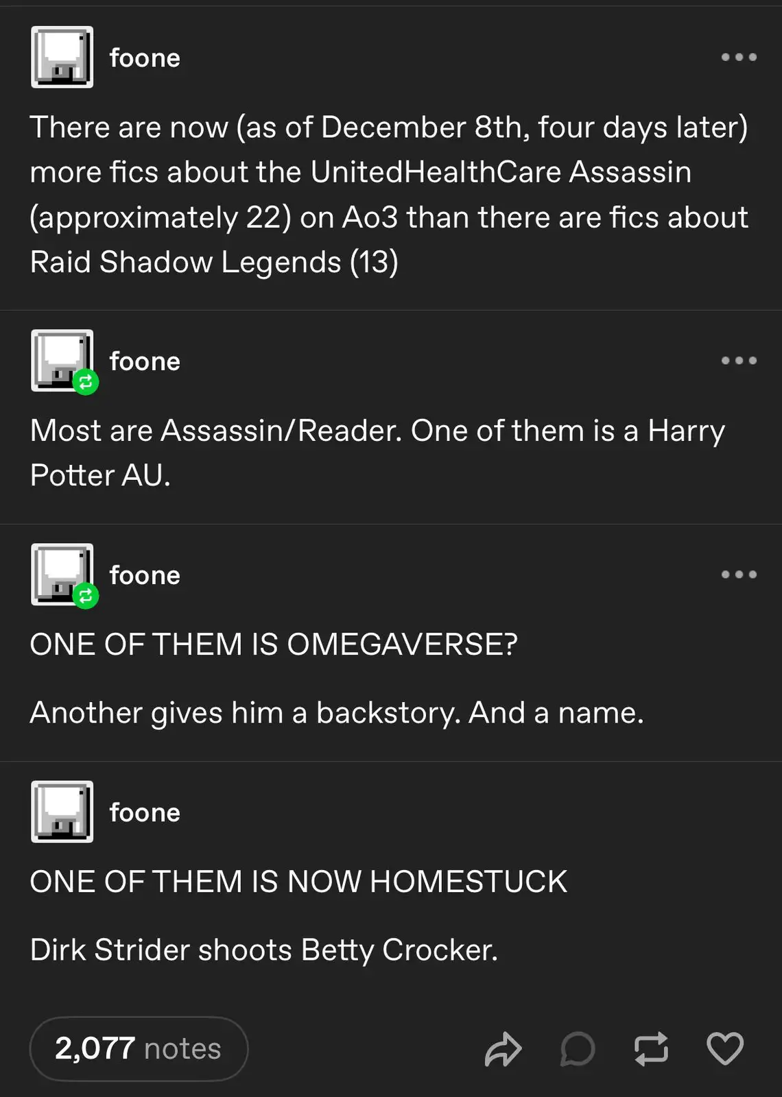 A Tumblr post by user 'foone' shows a series of comments about fictional stories (fics) on Archive of Our Own (Ao3) about…
