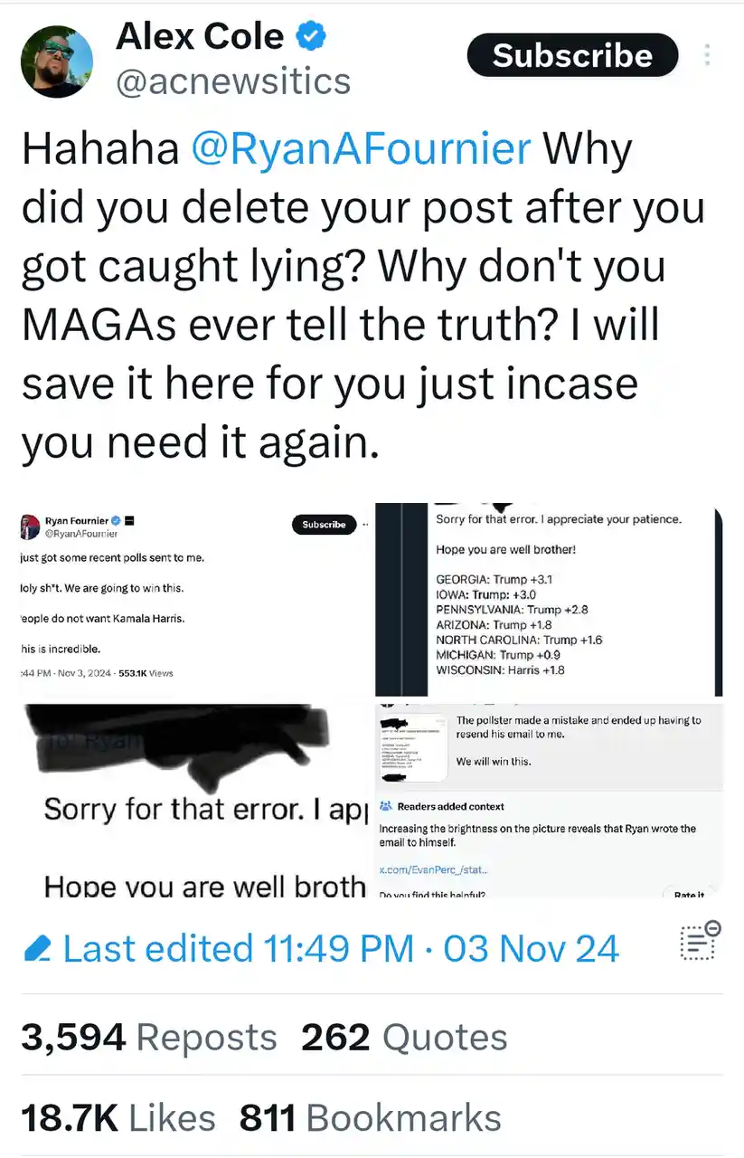 A screenshot of a Twitter/X post by Alex Cole mocking Ryan Fournier, who deleted a post claiming Trump leads in several…