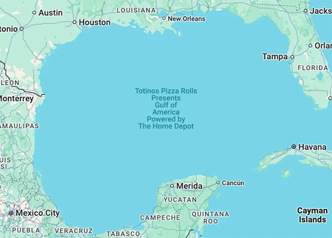 A map of the Gulf of Mexico with overlaid text humorously renaming it the 'Gulf of America' and crediting 'Totinos Pizza…