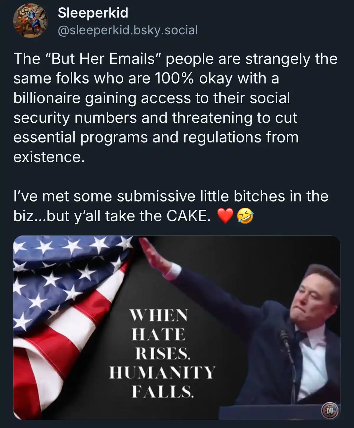 An image of Elon Musk at a podium with an American flag beside him, overlaid with the text 'WHEN HATE RISES, HUMANITY…