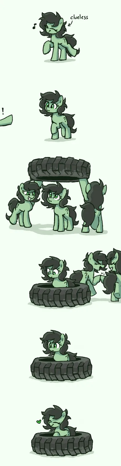A green pony with dark hair is shown in a six-panel comic. Initially labeled 'clueless', the pony is startled by a tire…