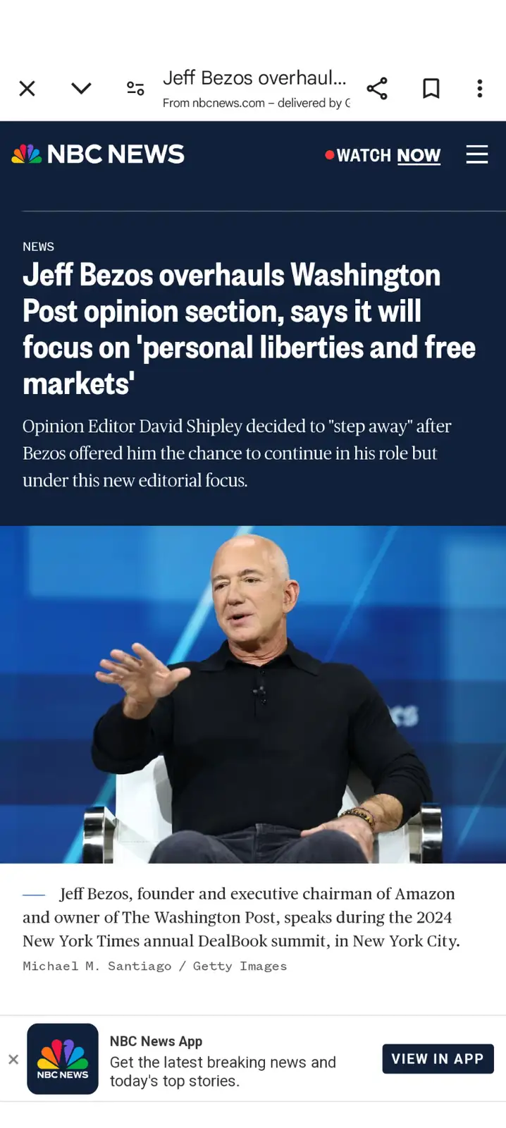 An NBC News article screenshot shows Jeff Bezos speaking at a 2024 DealBook summit, with the headline announcing he's…