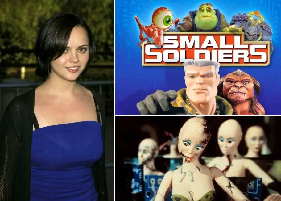 The image is a collage featuring actress Christina Ricci on the left, the 'Small Soldiers' movie poster in the top right…