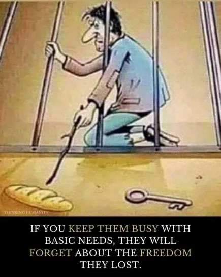 A cartoon man is kneeling inside a jail cell, holding a broom and sweeping the floor. A loaf of bread and a large key lie on…