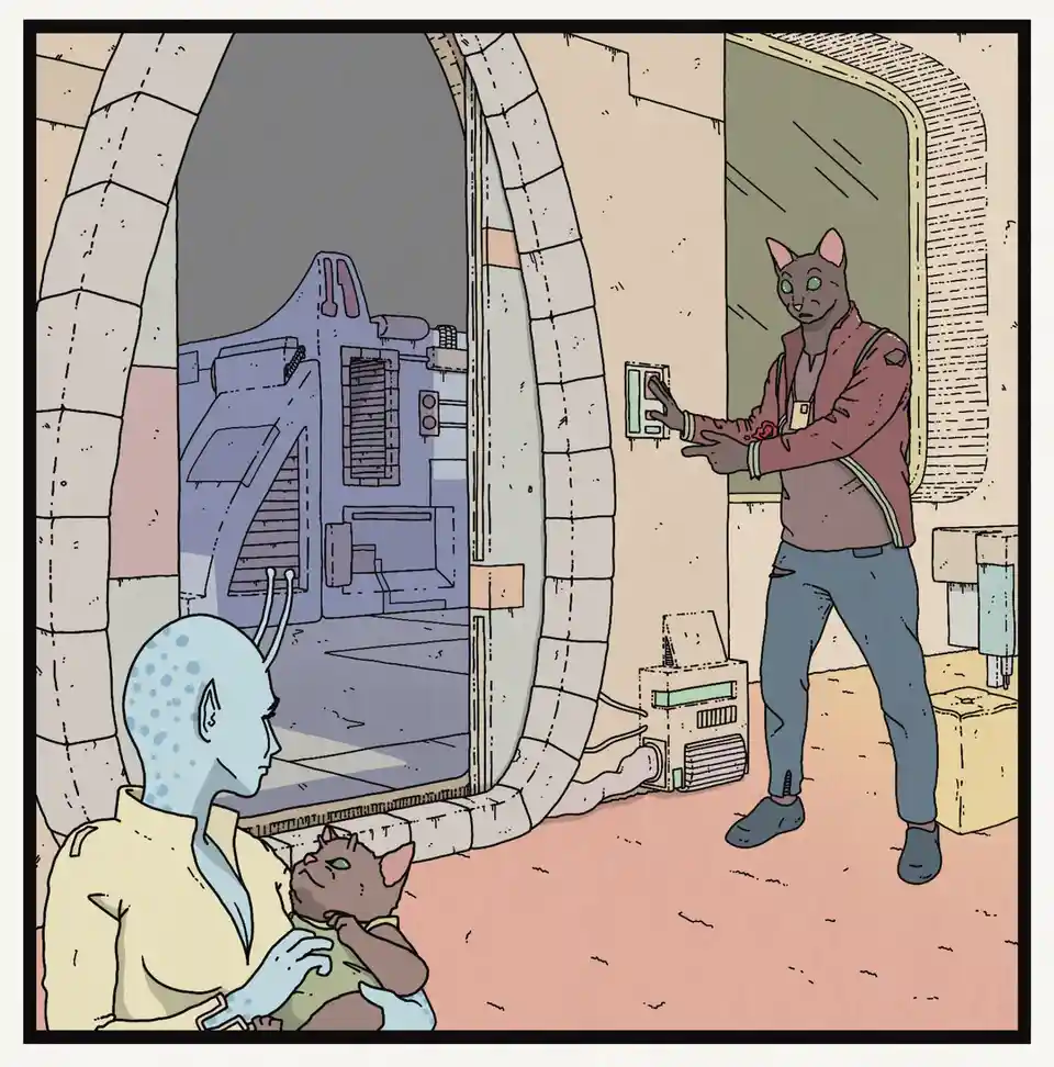 A blue-skinned alien with antennae holds a small cat-like creature while standing near a doorway. A taller, cat-faced…