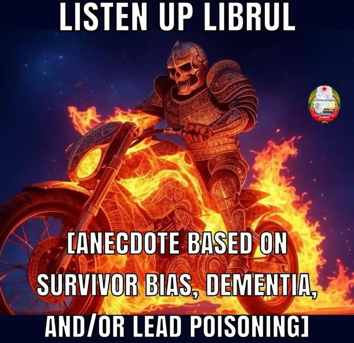 A skeletal figure in ornate armor rides a flaming motorcycle against a starry night sky. The text at the top reads 'LISTEN…