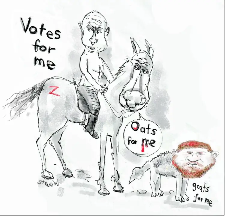 A black-and-white cartoon shows a caricature of Vladimir Putin riding a horse labeled 'Votes for me' with a red 'Z' on its…