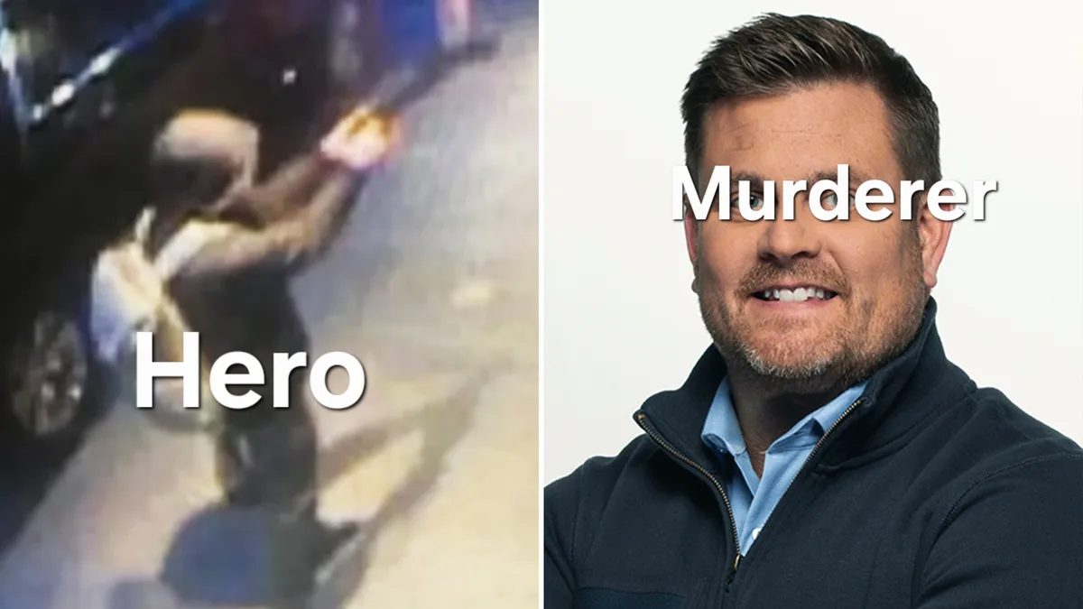 The image is split: left side shows blurry security footage of a person in a struggle near a car, labeled 'Hero'. Right side…