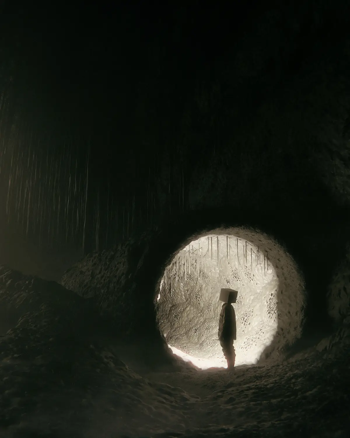 A person with a box for a head stands at the mouth of a dark cave, looking out at a bright, icy cavern. Rain streaks down…