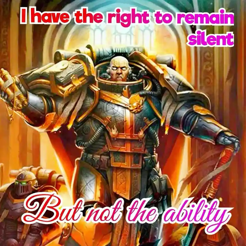 A heavily armored, bald, stern-faced warrior in ornate, futuristic armor stands with arms outstretched in a grand, warmly…