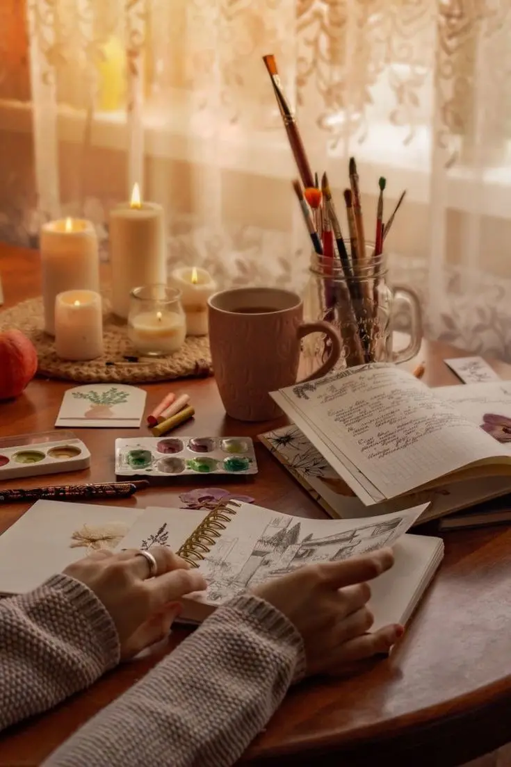 A cozy, warmly lit desk scene shows a person's hands sketching in a spiral-bound notebook. Surrounding the sketchbook are…