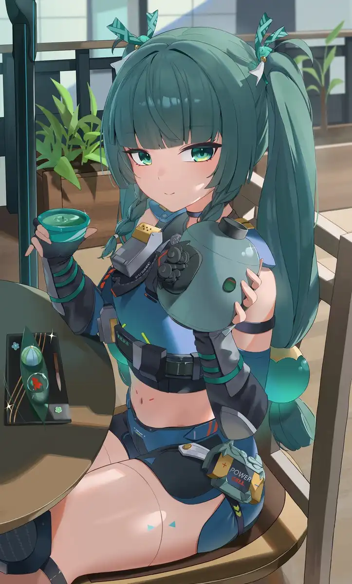 An anime-style female character with teal hair and futuristic gear sits at a table holding a helmet and a cup, with overlaid…