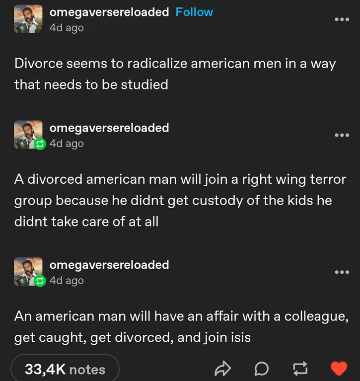 A screenshot of a social media post showing three consecutive comments from the same user, each making increasingly extreme…