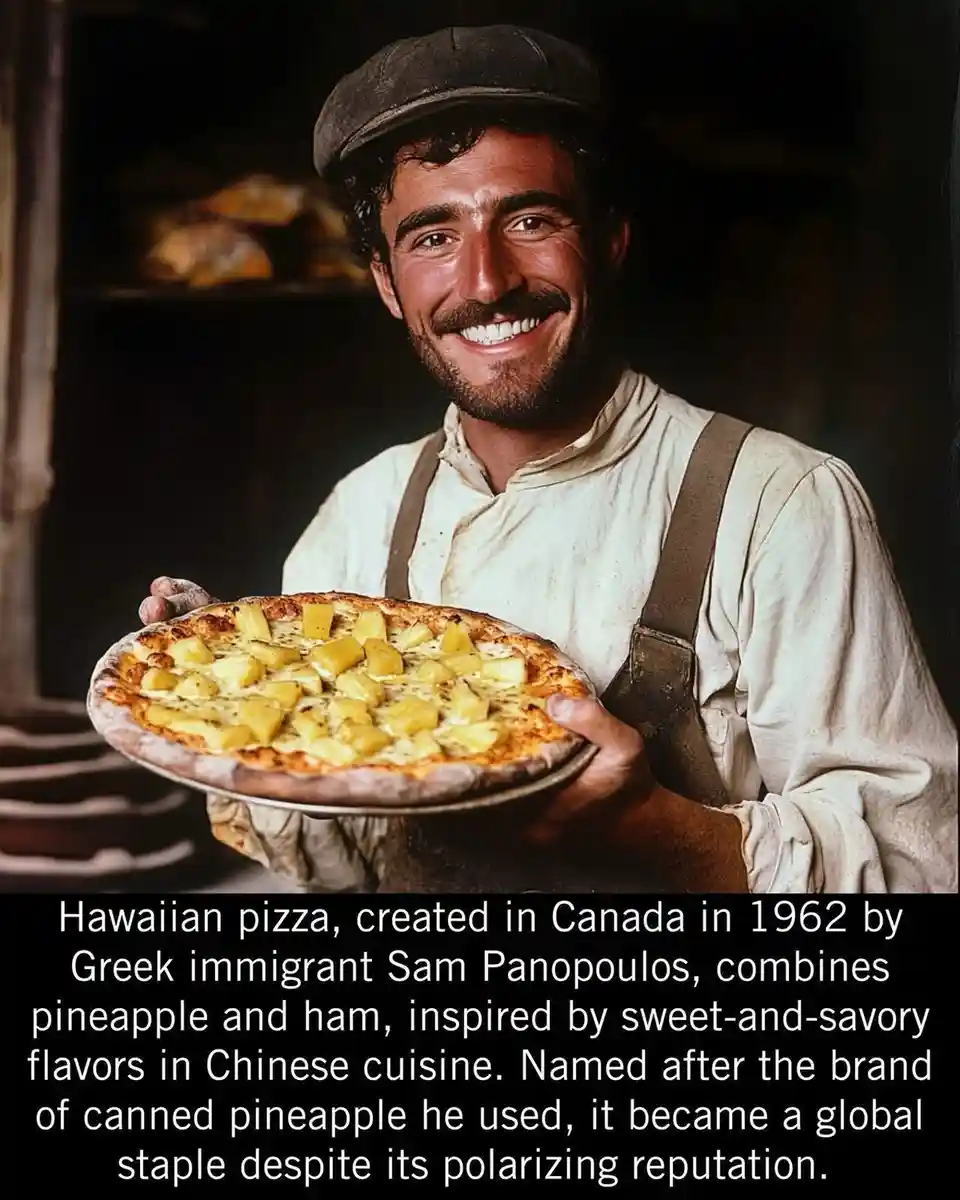 A smiling man in a vintage baker's outfit holds a Hawaiian pizza topped with pineapple and ham. The image is overlaid with…