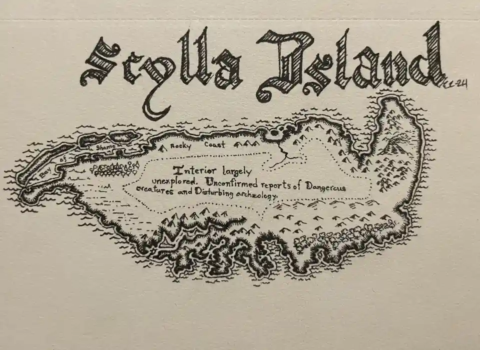 A hand-drawn, black-and-white map titled 'Scylla Island' depicts a rugged island with labeled features like 'Bay of Shame'…
