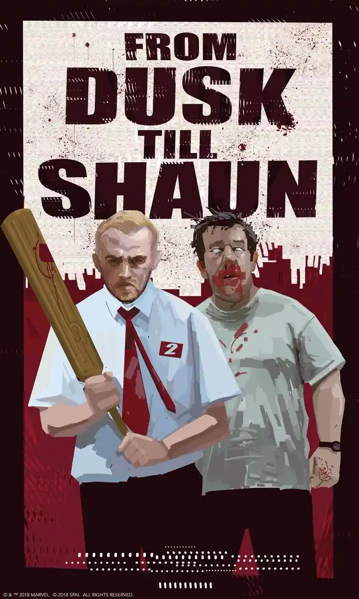 A stylized movie poster parody featuring two men, one holding a bloodied baseball bat and the other with blood on his face…