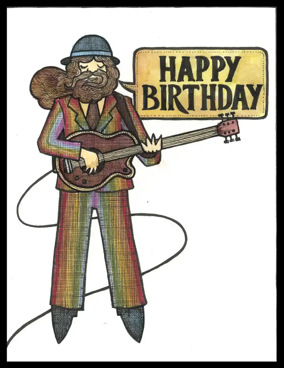 A hand-drawn illustration of a bearded man in a bowler hat and colorful suit playing a guitar, with a yellow speech bubble…