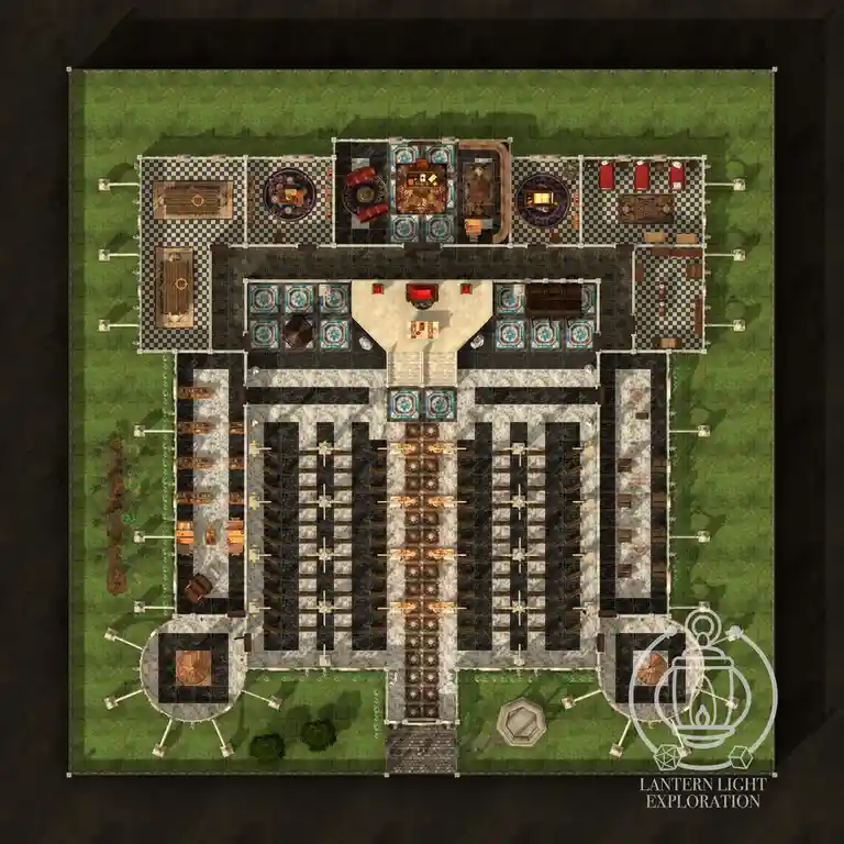 An overhead view of a highly detailed, ornate fantasy building layout with checkered floors, patterned rugs, and numerous…