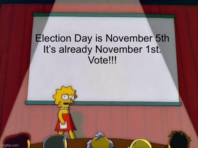 A still from The Simpsons shows Lisa Simpson standing at a podium in front of a blank projection screen, looking shocked…