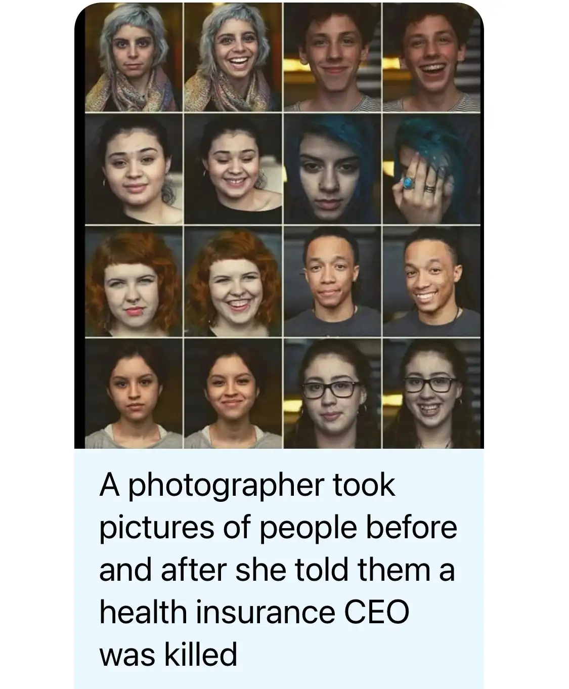 The image displays a grid of 16 photos showing eight different people, each with two adjacent portraits: one of them looking…