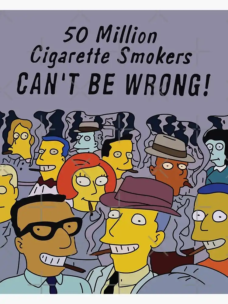 A crowd of Simpsons characters, including Homer, Marge, and others, are depicted smoking cigarettes with smoke rising from…