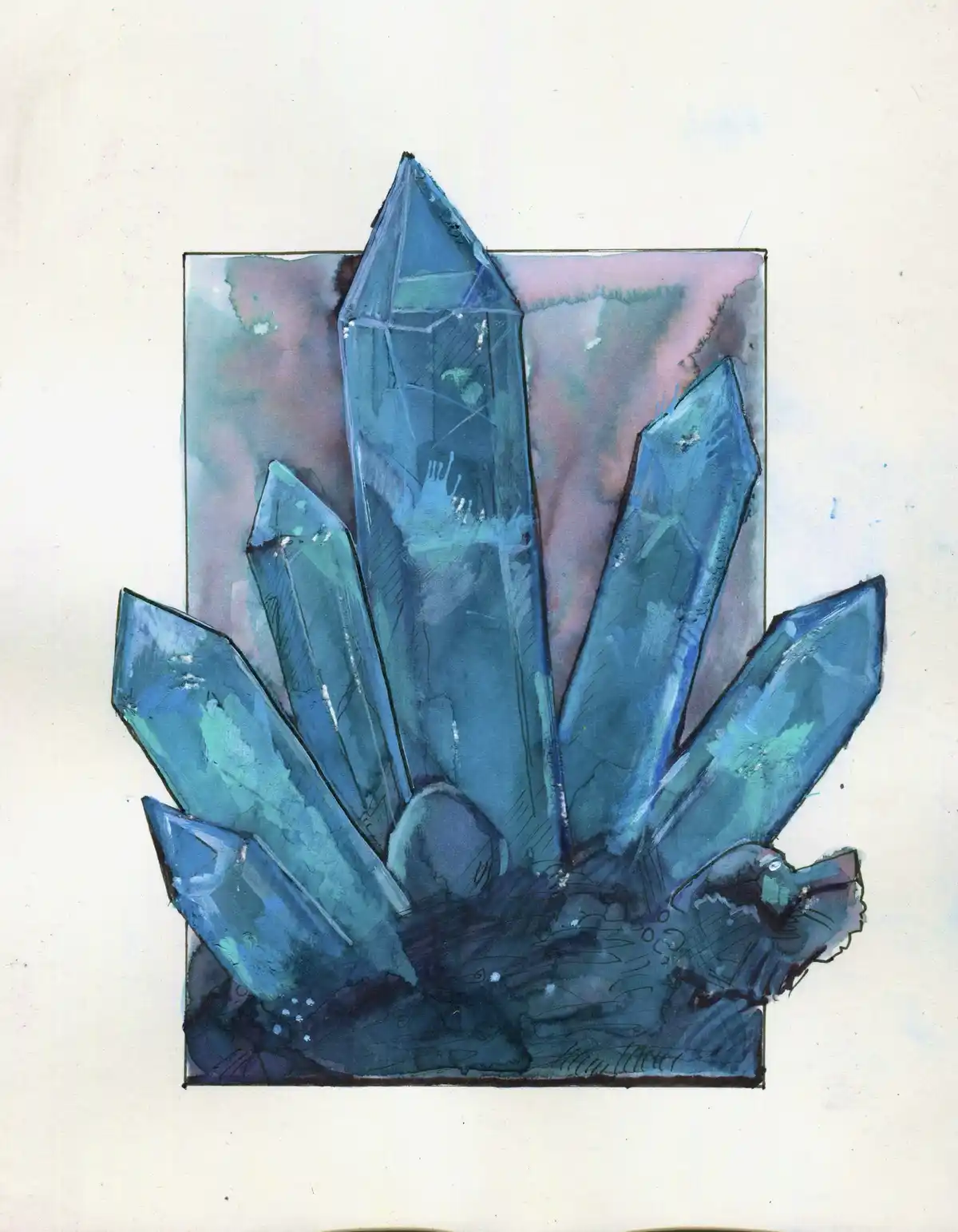 A watercolor painting depicts a cluster of blue, translucent crystals with sharp geometric facets, set against a soft purple…