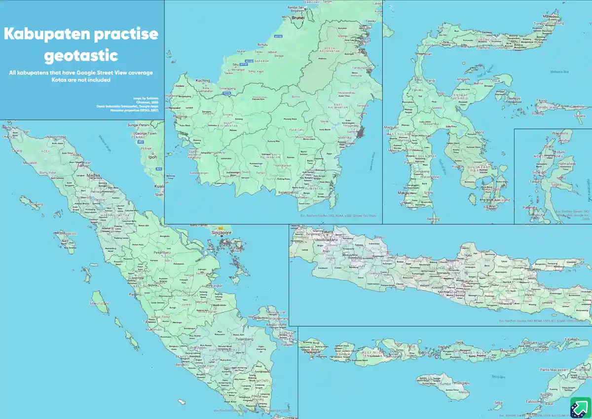 A detailed map of Indonesia showing all kabupaten (regencies) with Google Street View coverage, excluding kotas (cities)…