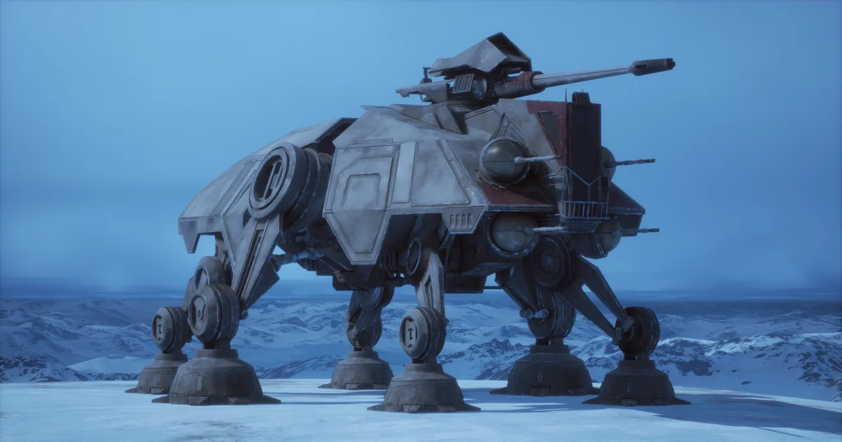 A large, four-legged, armored walker with multiple cannons stands on a snowy, mountainous landscape under a blue sky. The…