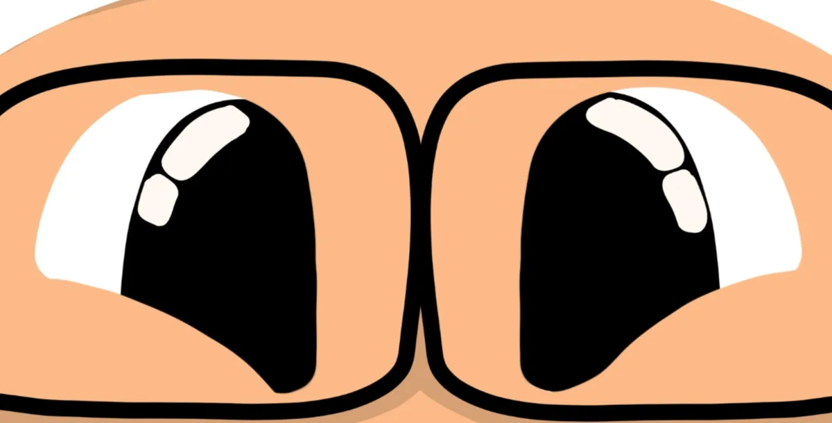 A cartoon close-up of wide, black, teary eyes with white highlights, framed by thick black outlines on peach-colored skin…