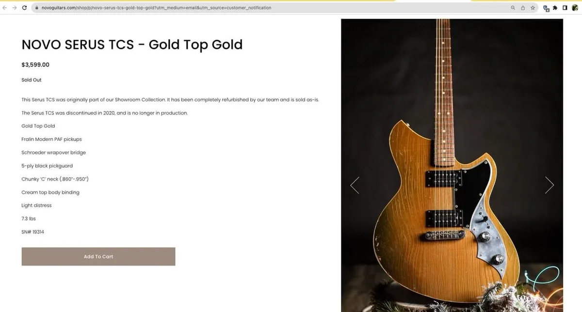A screenshot of a guitar product page from novoguitars.com showing a gold-top electric guitar with a 'Sold Out' status and a…