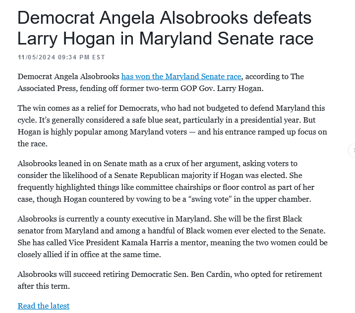A screenshot of a news article headline announcing Democrat Angela Alsobrooks defeating Larry Hogan in the Maryland Senate…