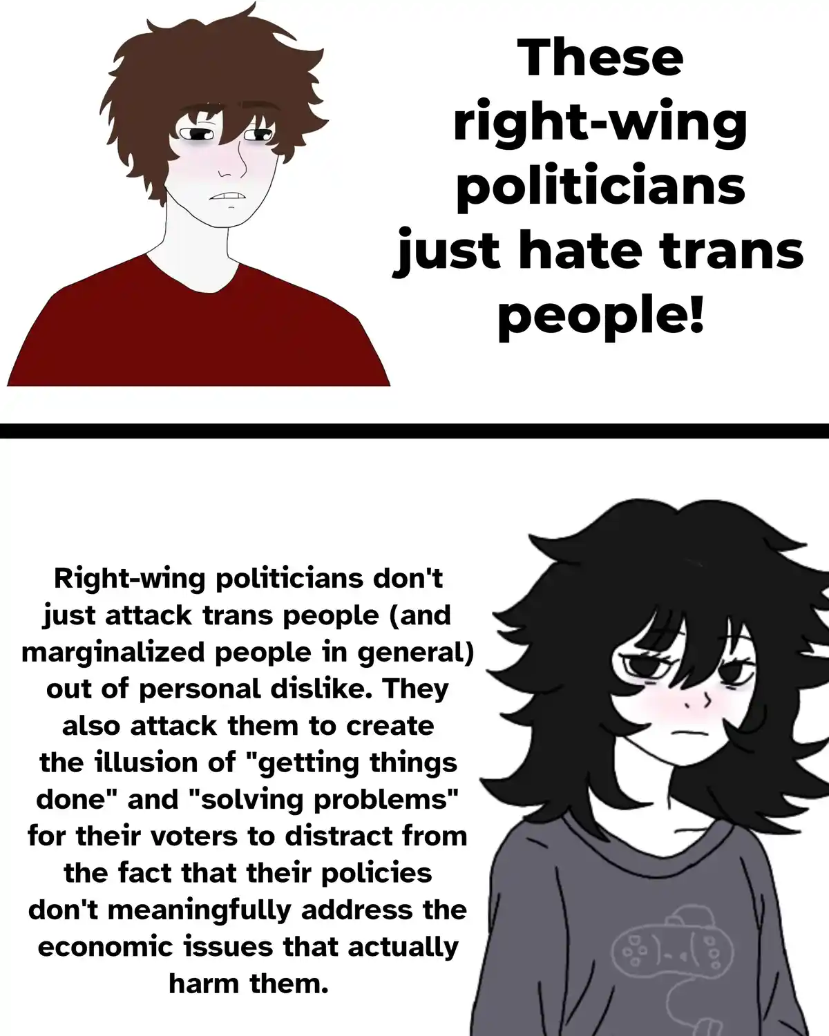 The top panel shows a cartoon person with brown hair and a red shirt looking annoyed, with text saying 'These right-wing…